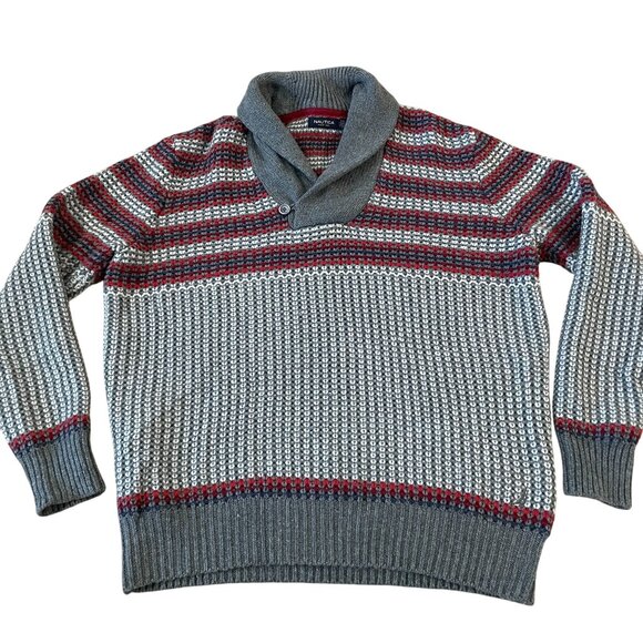 Nautica Nordic Style Sweater Mens Size XXL Shawl Collar Tuck Stitch Knit Gray - Picture 1 of 5